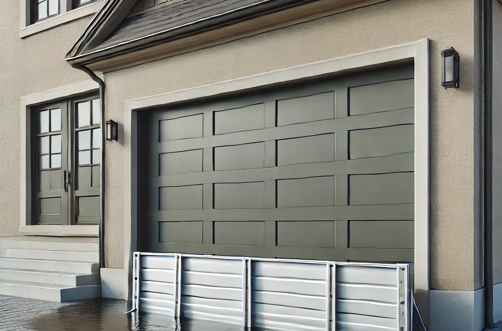 Batardeau en métal placée devant une porte de garage, qui empêche l'eau de crue de pénétrer dans la maison et qui s'intègre esthétiquement à la façade.