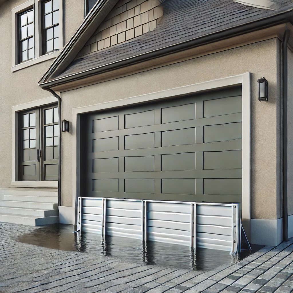 Batardeau pour porte de garage Batardeau en métal placée devant une porte de garage, qui empêche l'eau de crue de pénétrer dans la maison et qui s'intègre esthétiquement à la façade.